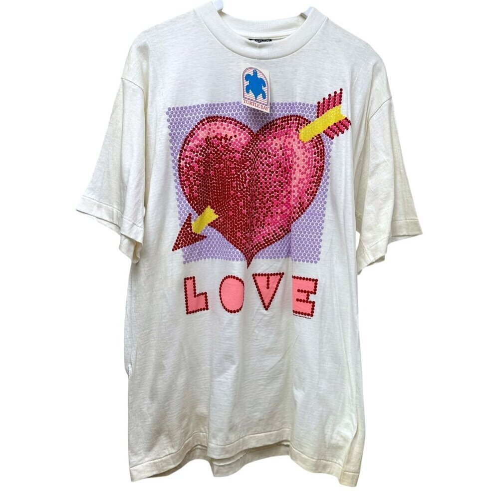 Vintage 90s Turtle Bay Graphic Tee Large Love Heart Short Sleeve New Imperfect